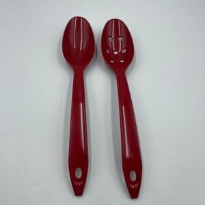 2 Vintage Hutzler Red Melamine Serving & Slotted Spoon #700 #1700 Made in USA